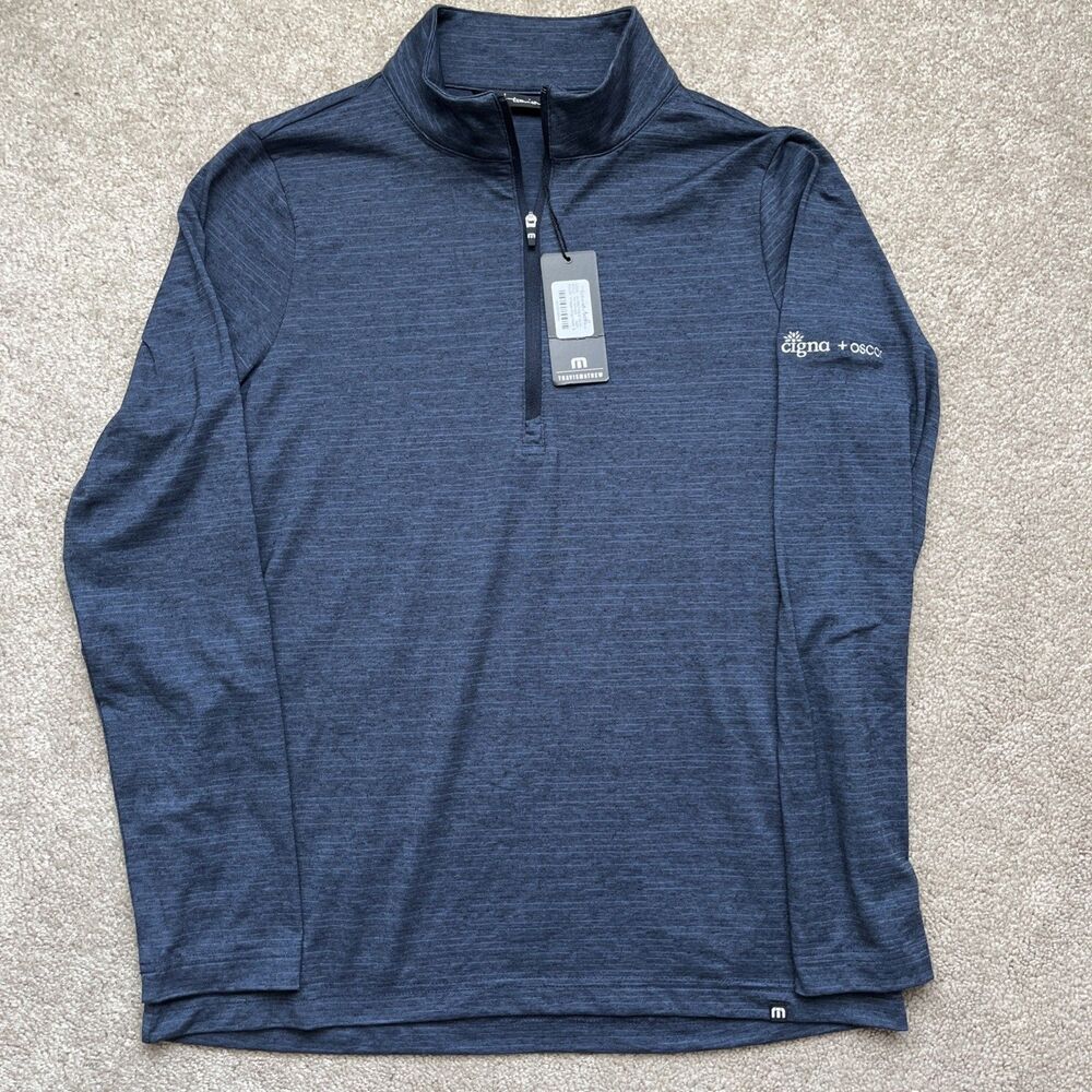 Travis Mathew Crestview 1/4 Zip Mens Small Blue Indigo Heather Cigna Arm Logo